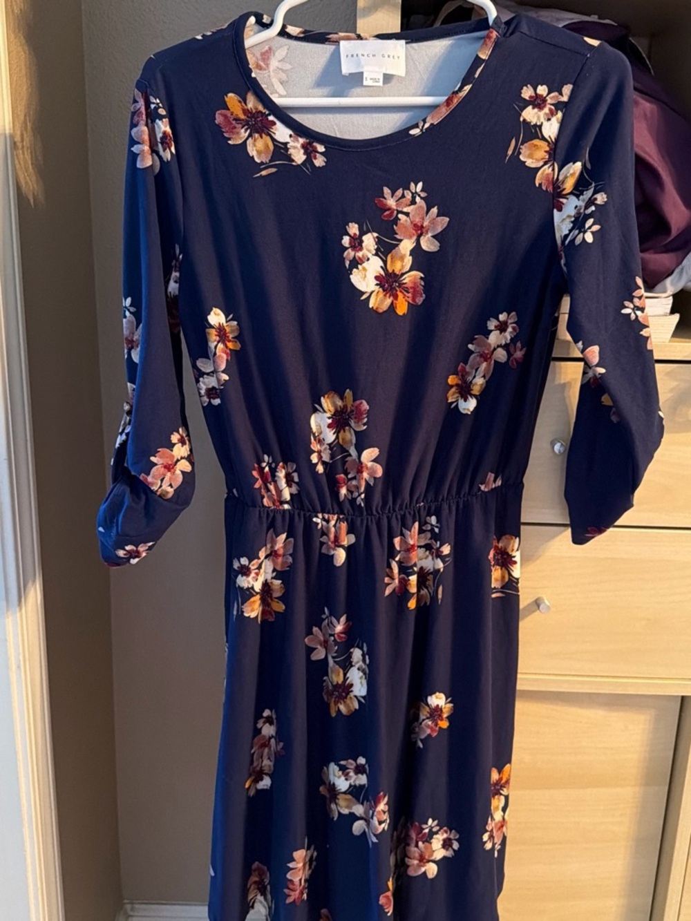 French Grey Navy Floral Long Sleeve Midi Dress